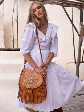 Jodi Lee Boho peacock Fringe Saddle Bag surde leather Turquoise stud Accent